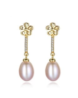 18k Gold Plated Flower and Dangling Pearl Design 925 Sterling Silver Stud Earrings