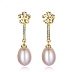 18k Gold Plated Flower and Dangling Pearl Design 925 Sterling Silver Stud Earrings