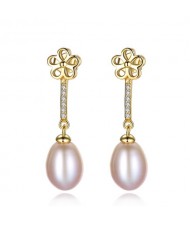 18k Gold Plated Flower and Dangling Pearl Design 925 Sterling Silver Stud Earrings
