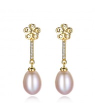 18k Gold Plated Flower and Dangling Pearl Design 925 Sterling Silver Stud Earrings