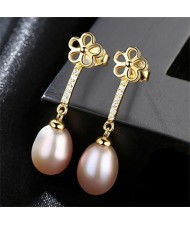 18k Gold Plated Flower and Dangling Pearl Design 925 Sterling Silver Stud Earrings