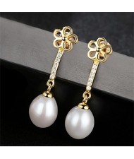 18k Gold Plated Flower and Dangling Pearl Design 925 Sterling Silver Stud Earrings