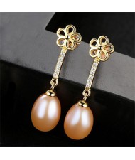 18k Gold Plated Flower and Dangling Pearl Design 925 Sterling Silver Stud Earrings