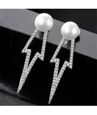Rhinestone Embellished Flash Light Style Natural Pearl 925 Sterling Silver Stud Earrings