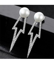 Rhinestone Embellished Flash Light Style Natural Pearl 925 Sterling Silver Stud Earrings
