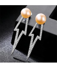 Rhinestone Embellished Flash Light Style Natural Pearl 925 Sterling Silver Stud Earrings