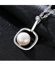 Natural Pearl Inlaid Graceful Style Square Pendant 925 Sterling Silver Necklace