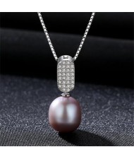 3 Colors Available Rhinestone Embellished Pendant and Natural Pearl 925 Sterling Silver Necklace