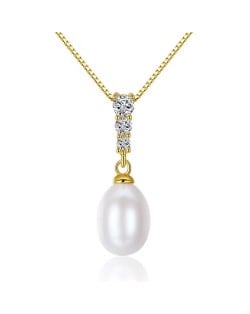 3 Colors Available Cubic Zirconia Embellished Natural Pearl Pendant Gold Plated Chain 925 Sterling Silver Necklace