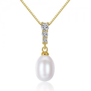 3 Colors Available Cubic Zirconia Embellished Natural Pearl Pendant Gold Plated Chain 925 Sterling Silver Necklace