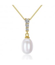 3 Colors Available Cubic Zirconia Embellished Natural Pearl Pendant Gold Plated Chain 925 Sterling Silver Necklace