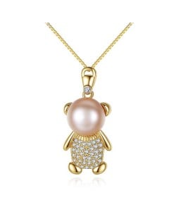 3 Colors Available Cubic Zirconia Embellished Natural Pearl Cartoon Bear Pendant Gold Plated 925 Sterling Silver Necklace