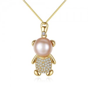 3 Colors Available Cubic Zirconia Embellished Natural Pearl Cartoon Bear Pendant Gold Plated 925 Sterling Silver Necklace