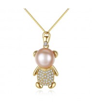 3 Colors Available Cubic Zirconia Embellished Natural Pearl Cartoon Bear Pendant Gold Plated 925 Sterling Silver Necklace