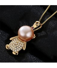 3 Colors Available Cubic Zirconia Embellished Natural Pearl Cartoon Bear Pendant Gold Plated 925 Sterling Silver Necklace