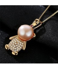 3 Colors Available Cubic Zirconia Embellished Natural Pearl Cartoon Bear Pendant Gold Plated 925 Sterling Silver Necklace