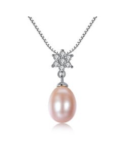 AAA Level Cubic Zirconia Inlaid Flower Design Natural Pearl Pendant 925 Sterling Silver Necklace