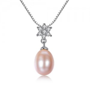 AAA Level Cubic Zirconia Inlaid Flower Design Natural Pearl Pendant 925 Sterling Silver Necklace