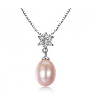AAA Level Cubic Zirconia Inlaid Flower Design Natural Pearl Pendant 925 Sterling Silver Necklace