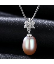 AAA Level Cubic Zirconia Inlaid Flower Design Natural Pearl Pendant 925 Sterling Silver Necklace