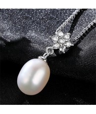 AAA Level Cubic Zirconia Inlaid Flower Design Natural Pearl Pendant 925 Sterling Silver Necklace