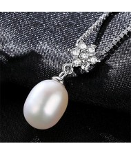 AAA Level Cubic Zirconia Inlaid Flower Design Natural Pearl Pendant 925 Sterling Silver Necklace