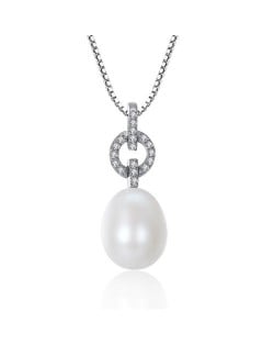 AAA Level Cubic Zirconia Inlaid Romantic Round Pendant with Natural Pearl Design 925 Sterling Silver Necklace