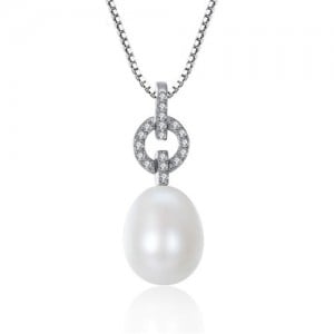 AAA Level Cubic Zirconia Inlaid Romantic Round Pendant with Natural Pearl Design 925 Sterling Silver Necklace