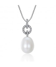 AAA Level Cubic Zirconia Inlaid Romantic Round Pendant with Natural Pearl Design 925 Sterling Silver Necklace