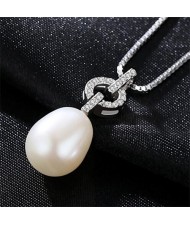 AAA Level Cubic Zirconia Inlaid Romantic Round Pendant with Natural Pearl Design 925 Sterling Silver Necklace