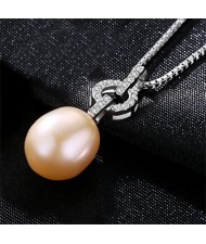 AAA Level Cubic Zirconia Inlaid Romantic Round Pendant with Natural Pearl Design 925 Sterling Silver Necklace
