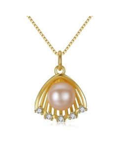 Natural Pearl Inlaid Golden Seashell Pendant 18k Gold Plated 925 Sterling Silver Necklace