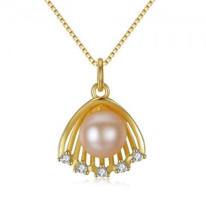 Natural Pearl Inlaid Golden Seashell Pendant 18k Gold Plated 925 Sterling Silver Necklace