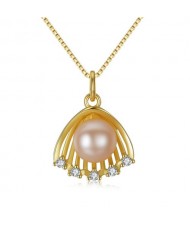 Natural Pearl Inlaid Golden Seashell Pendant 18k Gold Plated 925 Sterling Silver Necklace