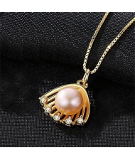 Natural Pearl Inlaid Golden Seashell Pendant 18k Gold Plated 925 Sterling Silver Necklace