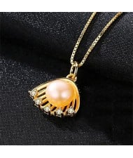 Natural Pearl Inlaid Golden Seashell Pendant 18k Gold Plated 925 Sterling Silver Necklace