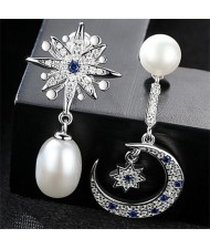 Star and Moon Asymmetric Design Natural Pearl 925 Sterling Silver Earrings