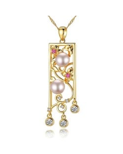 Pearl and Cubic Zirconia Embellished Hollow Vintage Flower Bar Gold Plated 925 Sterling Silver Necklace