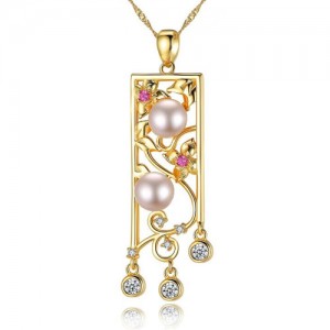 Pearl and Cubic Zirconia Embellished Hollow Vintage Flower Bar Gold Plated 925 Sterling Silver Necklace