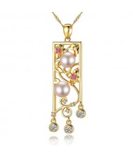 Pearl and Cubic Zirconia Embellished Hollow Vintage Flower Bar Gold Plated 925 Sterling Silver Necklace