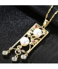 Pearl and Cubic Zirconia Embellished Hollow Vintage Flower Bar Gold Plated 925 Sterling Silver Necklace