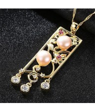 Pearl and Cubic Zirconia Embellished Hollow Vintage Flower Bar Gold Plated 925 Sterling Silver Necklace