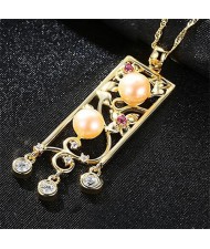 Pearl and Cubic Zirconia Embellished Hollow Vintage Flower Bar Gold Plated 925 Sterling Silver Necklace