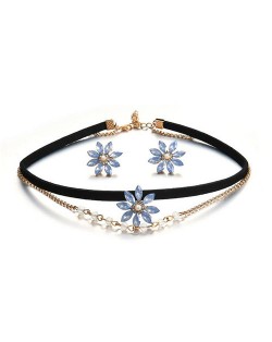 Gem Daisy Fashion Dual Layer Choker Necklace and Earrings Set