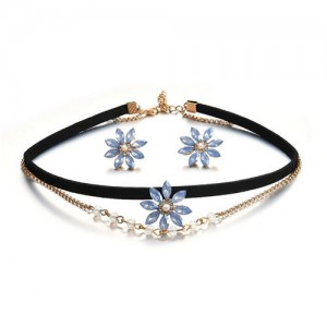 Gem Daisy Fashion Dual Layer Choker Necklace and Earrings Set