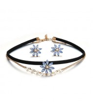 Gem Daisy Fashion Dual Layer Choker Necklace and Earrings Set