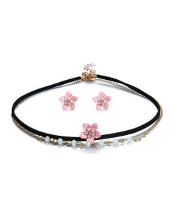 Alloy Pink Flower Design Dual Layers Choker Fashion Necklace and Earrings Set