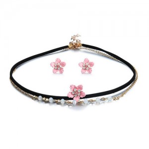 Alloy Pink Flower Design Dual Layers Choker Fashion Necklace and Earrings Set