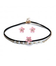 Alloy Pink Flower Design Dual Layers Choker Fashion Necklace and Earrings Set