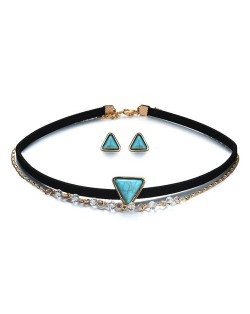 Triangular Artificial Turquoise Inlaid Dual Layers Choker Fashion Necklace and Earrings Set